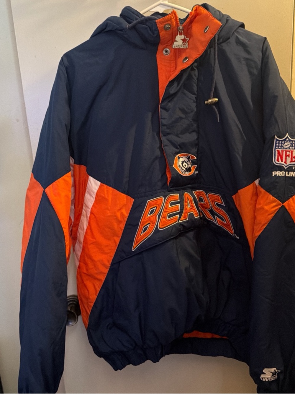 STARTER Navy and Orange Hooded Pullover with Branded Zipper Pull